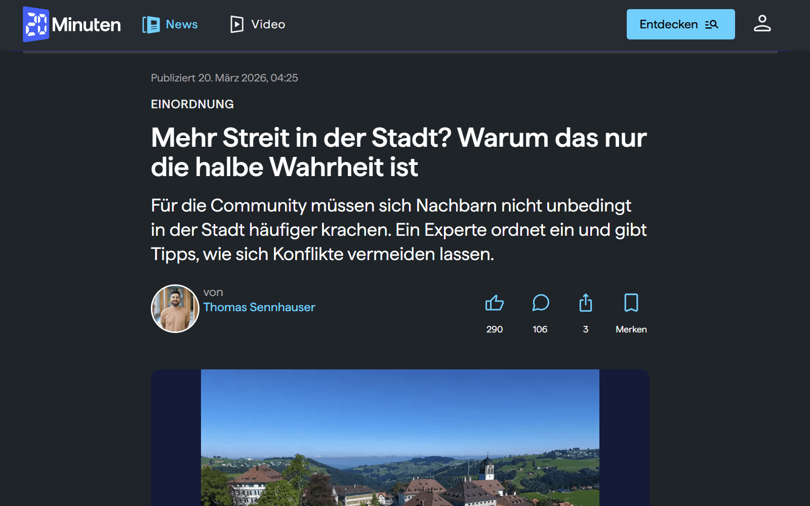 20 Minuten Artikel über Nachbarschaftsstreit und Trovivo